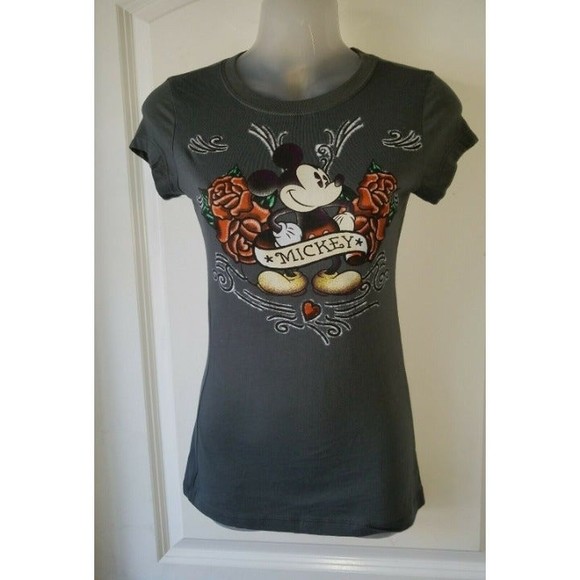 Disney Mickey Mouse Womens Gray T Shirt Roses Size Small Jerry Leigh - Picture 2 of 12